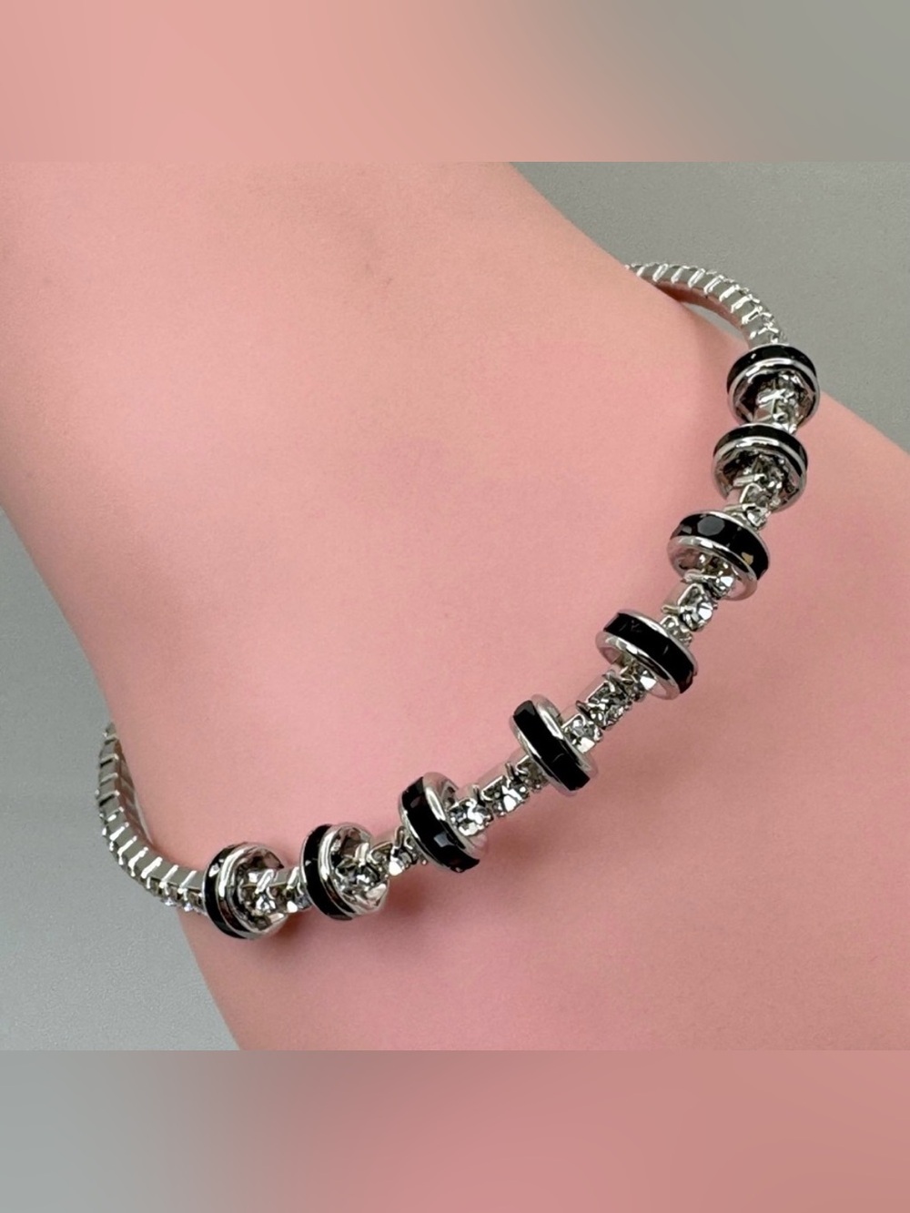 Silver Tone Rhinestone Flexible Tennis Cuff Bangle Bracelet Black Accent Beads